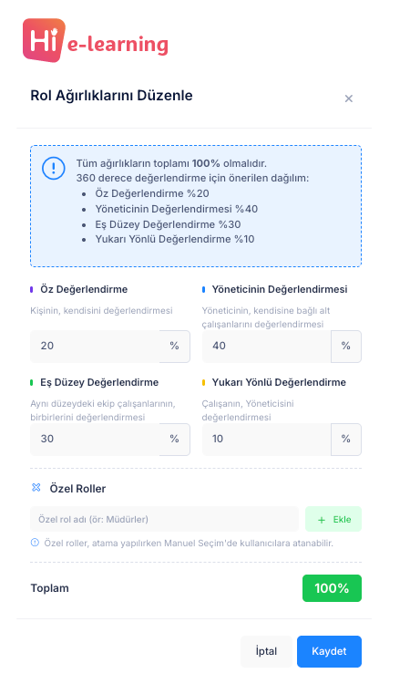 360 feedback role weighting screen for performance evaluation workflows